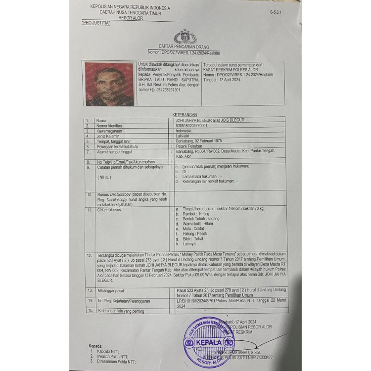 Penetapan Daftar Pencarian Orang (DPO) Johi Jahya Blegur atas Dugaan Tindak Pidana Money Politik Pada Masa Tenang